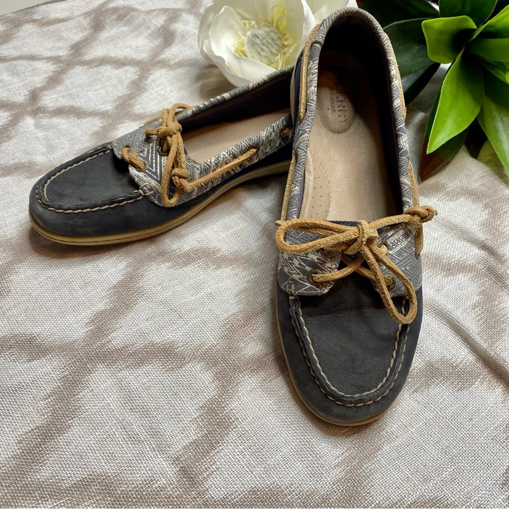 Sperry Navy Tribal Print Boat Shoes Leather Canvas Women’s 10 - Picture 2 of 11